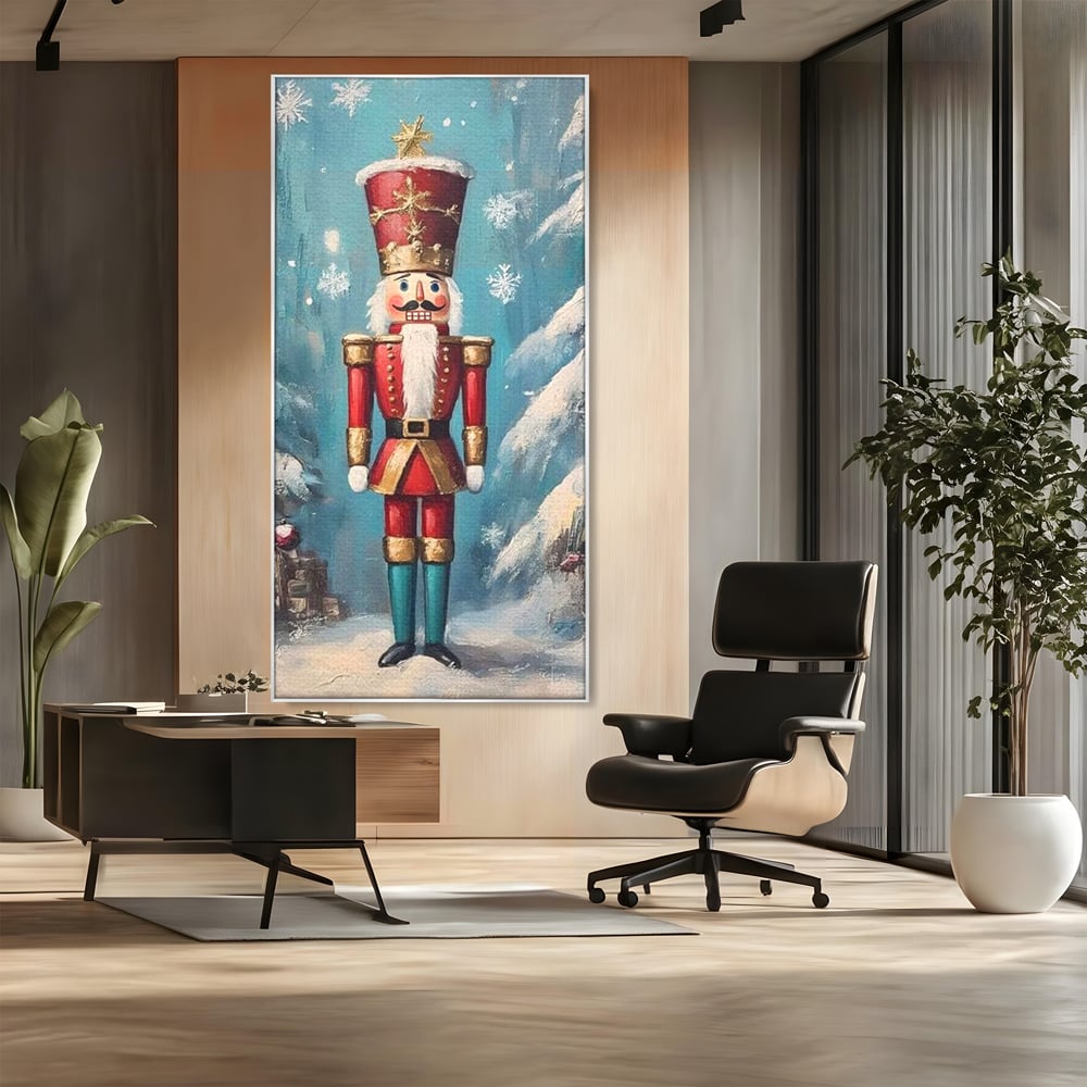 Tablou canvas cu tablou canvas cu spargator de nuci, in rama de aluminiu argintiu, pe perete intr-un birou